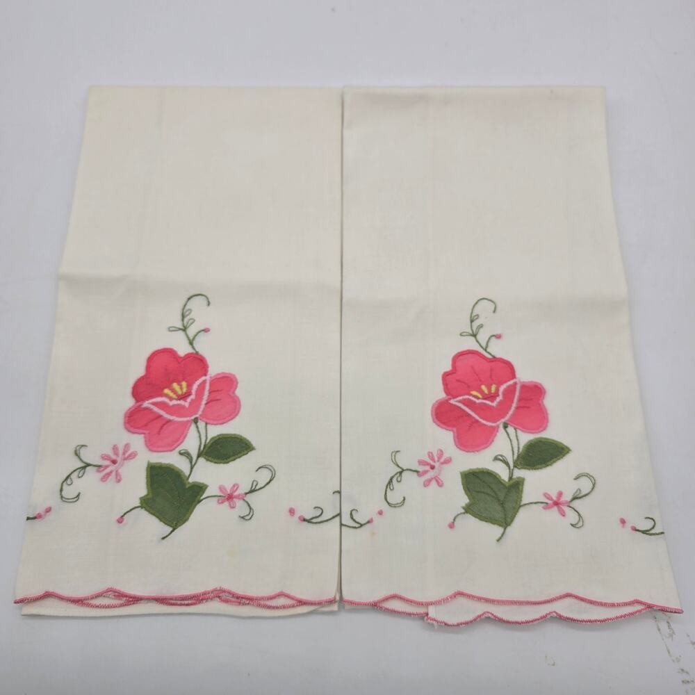 Vtg Hand-Appliquéd and Embroidered Cotton Guest Tea Towels Retro Pink Floral